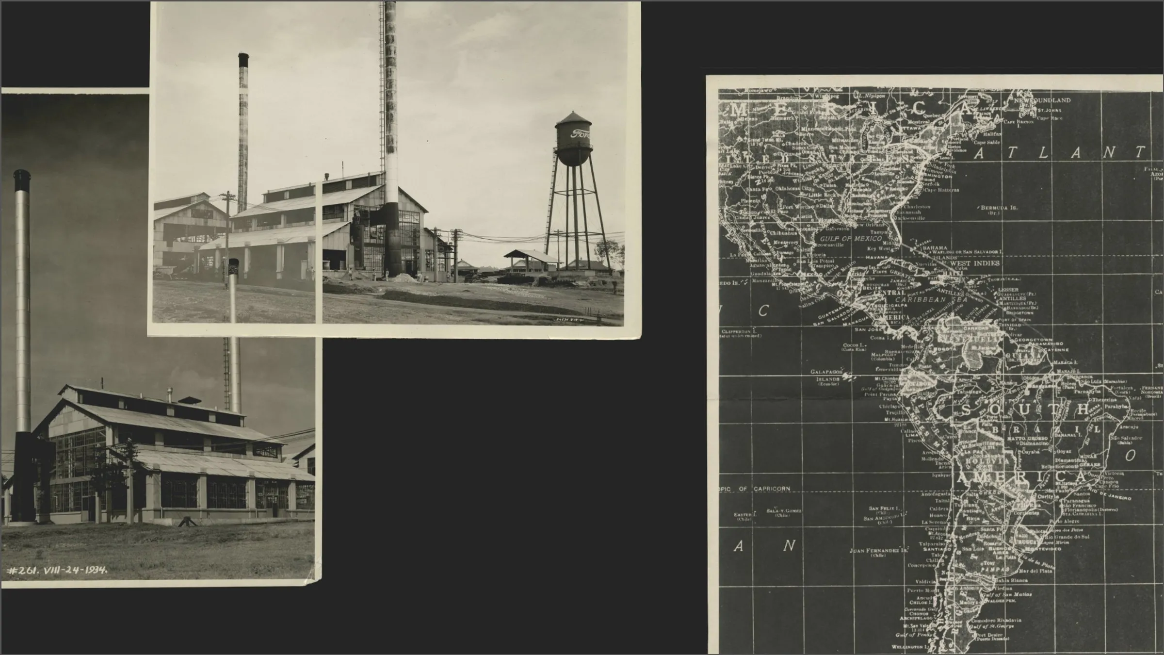 Historical collage featuring black-and-white photographs of early industrial buildings and smokestacks in Fordlandia beside a vintage map of North and South America.
