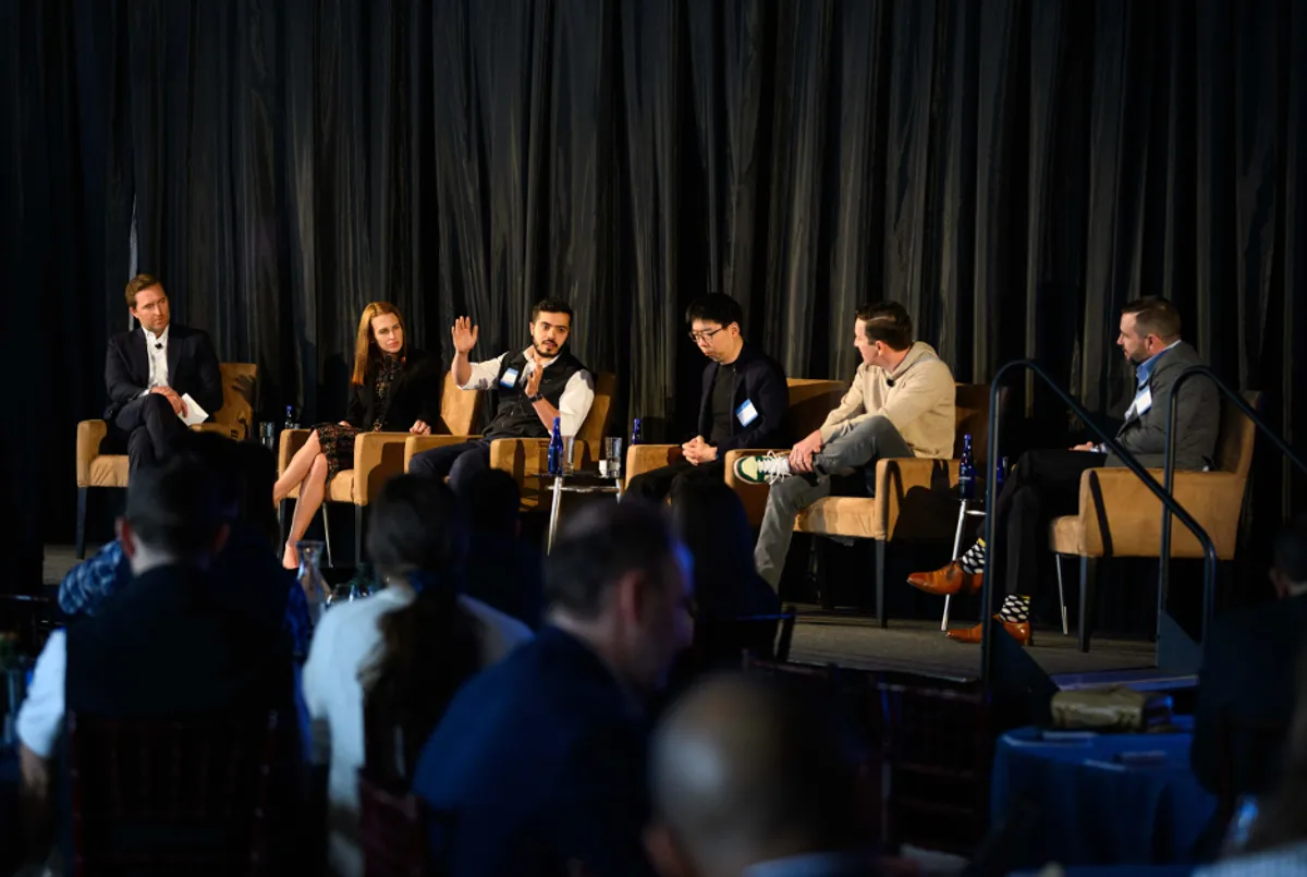 Abdel Mahmoud, M.D., Co-Founder and CEO of Anterior on stage with Rob Duffy, Chief Technology Officer at HealthEdge, at the Bain Capital JPM Healthcare AI Summit