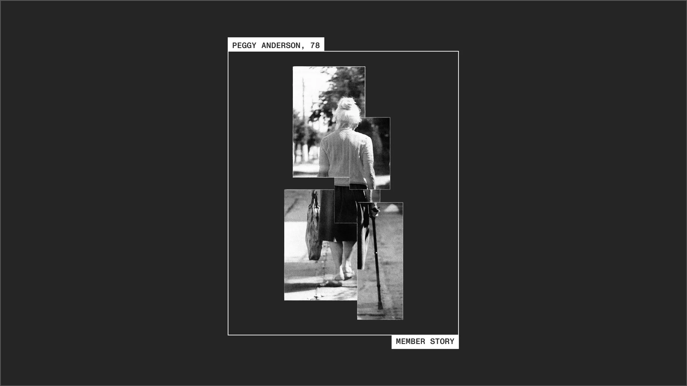 Introducing Peggy Anderson, a series of images in a collage of a woman with a walking stick walking away from the camera